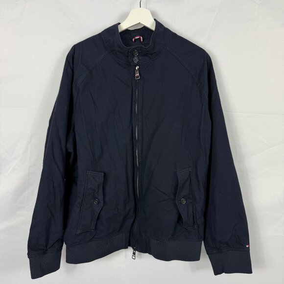 TOMMY HILFIGER Bomber Jacket Mens Size XL Navy Blue Button Pockets Full Zip Work - Picture 1 of 13
